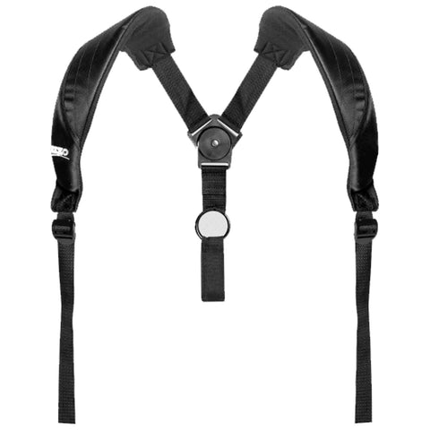 A black harness with padded shoulder straps is positioned upright its straps connected at a central point designed for holding and securing objects in place during movement.