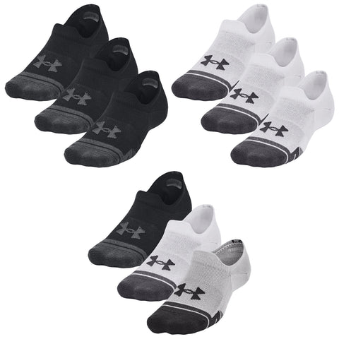 Two sets of athletic socks are displayed with pairs in black and white colors arranged in a grid pattern showcasing their short design and brand logo prominently on each sock