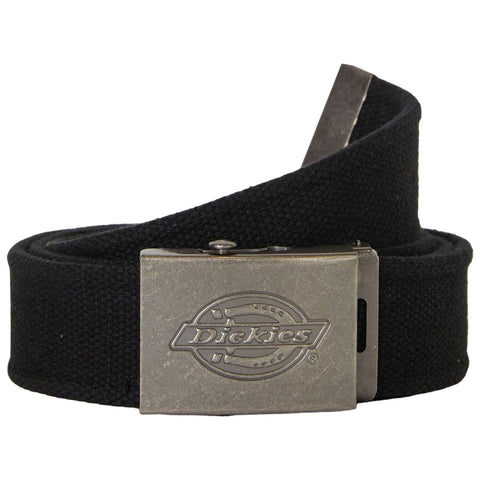 A black fabric belt is coiled neatly with a silver metal buckle featuring the engraved brand name Dickies the buckle suggests functionality and durability suitable for casual wear or work attire.