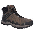 A rugged brown hiking boot supports outdoor activities featuring a waterproof design with laces and reinforced edges located against a neutral background highlighting its structure and grip.