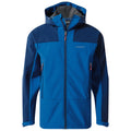 A blue jacket with a hood features contrasting darker blue sleeves and paneling it has a zipper and pockets designed for outdoor activities and warmth