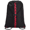 A black drawstring backpack with a prominent red "UNDER ARMOUR" logo on the front is shown. The bag is cinched at the top and features red accents.