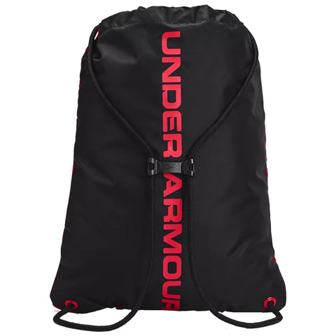 A black drawstring backpack with a prominent red "UNDER ARMOUR" logo on the front is shown. The bag is cinched at the top and features red accents.