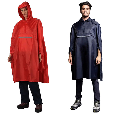 Two individuals stand side by side wearing waterproof ponchos. One person wears a vibrant red poncho while the other wears a dark navy poncho in a neutral backdrop.