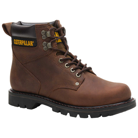 A brown leather boot is positioned upright showcasing its laces and sturdy sole with a cushioned collar prominently displaying the Caterpillar logo suggesting durability and suitability for rugged environments.