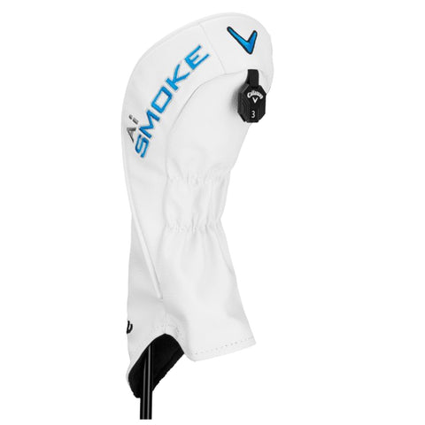 A white golf headcover labeled Smoke with blue lettering fits over a driver club with a dial for adjustment visible on the side. The background is plain.