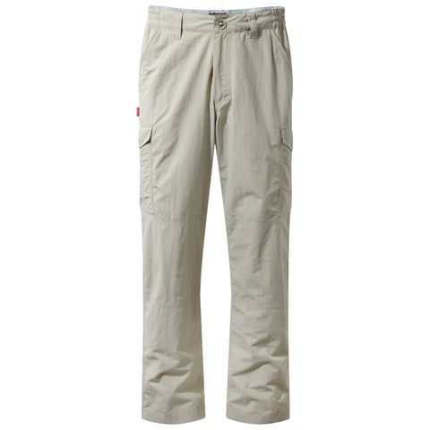 Beige cargo pants with side pockets stand upright against a plain background showcasing a lightweight fabric suitable for outdoor activities and versatility in various settings.