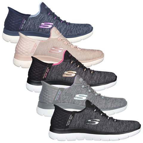 Five pairs of athletic shoes are displayed side by side showing different colors and designs each with a textured fabric upper white soles and the Skechers logo prominently featured on the sides