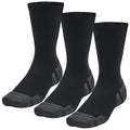 Three pairs of black socks are displayed standing upright with a ribbed texture and contrasting gray toe caps in a neutral setting suitable for casual or athletic wear.