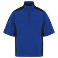 A short-sleeved blue athletic shirt with a high collar features black side panels and a front zipper. It is displayed on a plain white background, highlighting its design.