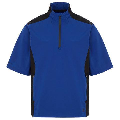 A short-sleeved blue athletic shirt with a high collar features black side panels and a front zipper. It is displayed on a plain white background, highlighting its design.