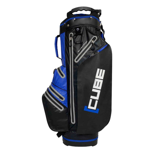 A black and blue golf bag stands upright featuring multiple pockets and a handle for carrying designed to hold golf clubs and accessories for players on the course.