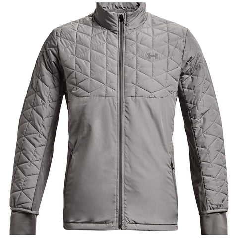 A gray quilted jacket is displayed with a front zipper and stand-up collar the fabric appears soft and fitted ideal for casual outdoor wear.