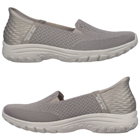 A pair of light gray slip-on shoes with a textured mesh upper and cushioned sole rests on a white background showcasing their comfortable and casual design ideal for everyday wear.