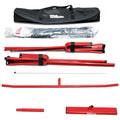 A set of red sporting equipment parts laid out on a surface including a black carrying bag marked Wilson various rods and a white pole ready for assembly.