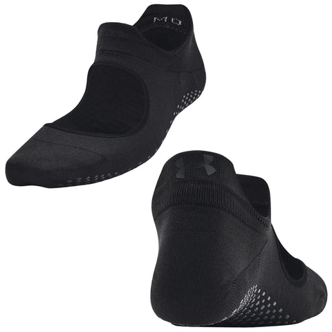 Black athletic socks are shown from multiple angles showcasing a fitted design with a cutout for breathability and a logo on the heel suitable for sports or casual wear.