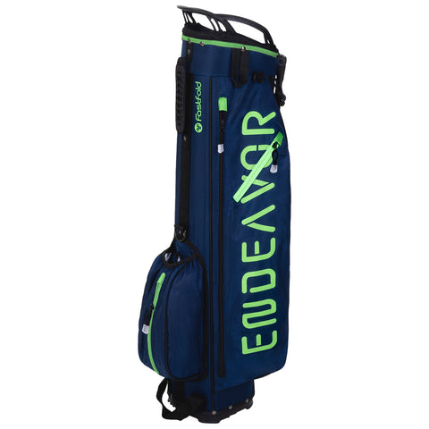 A tall blue sports bag stands upright featuring a prominent green logo and zippers it holds smaller compartments along with a mesh pocket on the side indicating usage for active outdoor activities.