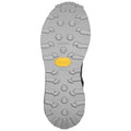 A rugged shoe sole designed for traction features multi-directional lugs and a yellow Vibram logo demonstrating durability and grip suitable for outdoor activities on varied terrain.