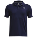 A dark navy blue polo shirt with short sleeves is displayed. It features a collar and a small logo on the left chest area, suggesting a casual athletic style.