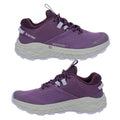 Two hiking shoes are displayed side by side highlighting their purple upper mesh design with white accents The shoes feature padded collars and thick, textured soles for traction during outdoor activities