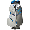 A golf bag with multiple compartments stands upright featuring a sleek design in gray and blue colors showcasing the Srixon logo prominently on the side in bold letters.