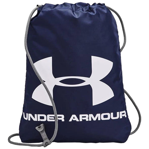 A navy drawstring backpack with a white Under Armour logo prominently displayed on the front hangs down. The drawstrings allow for easy carrying and closure.