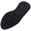 A black shoe sole features textured patterns designed for grip and flexibility lying flat against a neutral background showcasing its tread design and cushioning elements intended for athletic use.