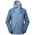 A light blue outdoor jacket stands upright with its zipper closed and the hood up showcasing a sporty design made from waterproof materials suitable for various weather conditions.