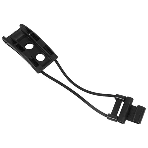 A black plastic clip with two loops attaches to two elastic cords allowing for flexible movement and securing objects in place typically used in outdoor or sporting contexts.