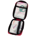 A compact first aid kit is open revealing various medical supplies including sterile swabs scissors and crepe bandages organized inside a red zippered case suitable for emergency situations.