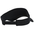 A black visor sits upright showcasing a curved brim and an adjustable strap at the back designed for outdoor wear in sunny environments. It has a simple, functional style.