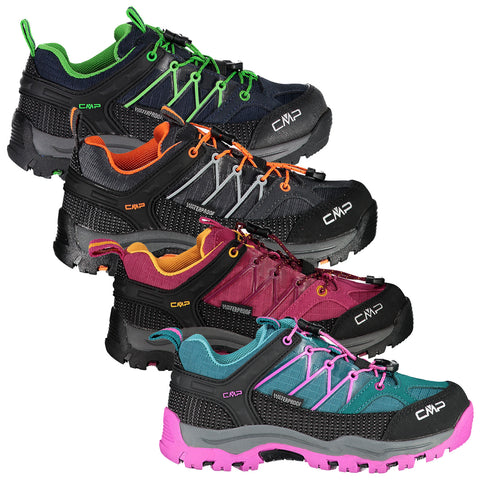 Four pairs of CMP waterproof shoes arranged in a stack display diverse colors including black green orange pink and purple highlighting their design suitable for outdoor activities.