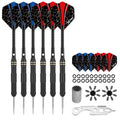 Six dart arrows with black shafts and colorful flight designs are arranged in a row alongside additional flight sets and accessories for maintenance and assembly, set against a plain background.