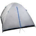 A tent stands upright featuring a light gray fabric with blue accents and a black base securing it to the ground in an outdoor setting likely for camping or outdoor activities.