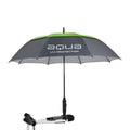 A large umbrella with a gray and green canopy is mounted on a holder designed for stability the umbrella displays the text aqua UV-PROTECTION providing shade in outdoor settings