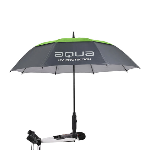 A large umbrella with a gray and green canopy is mounted on a holder designed for stability the umbrella displays the text aqua UV-PROTECTION providing shade in outdoor settings