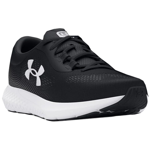 A black athletic shoe with a textured surface is positioned at an angle emphasizing its sleek design and white sole showcasing the brand logo on the side and on the tongue.