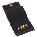 A black golf towel is displayed folded with a gold ring at the top for hanging The towel features a logo reading PK and the word Powakaddy