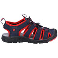 A sports sandal with a navy blue and red color scheme features open design straps and a cushioned sole suitable for outdoor activities placed on a plain background.