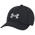 A black baseball cap is displayed prominently with a gray Under Armour logo on the front the cap’s curved brim extends forward providing shade and a sporty appearance.