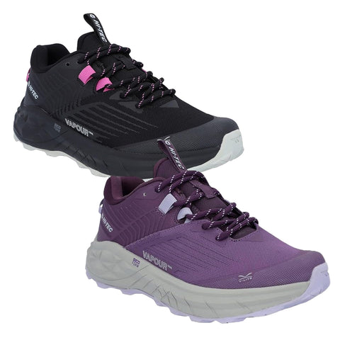 A pair of athletic shoes is displayed featuring a black model with pink accents and a purple model with light gray accents both designed for outdoor activities set against a white background.