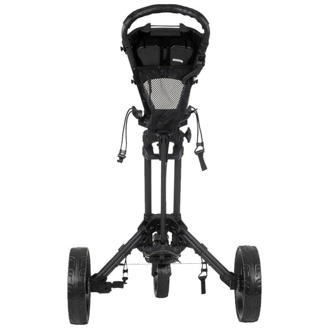 A black folding baby stroller stands upright with a mesh backrest and dual wheels visible underneath in a neutral setting designed for mobility and convenience.