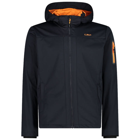 A black hooded jacket with an orange interior features a front zipper and side pockets. An additional zip pocket is on the left sleeve showcasing a functional and stylish outdoor apparel design.