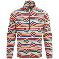 A patterned fleece pullover features a half-zip collar with zigzag designs in red blue and brown on a cream background suggesting a casual and cozy style ideal for cooler weather.