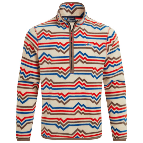 A patterned fleece pullover features a half-zip collar with zigzag designs in red blue and brown on a cream background suggesting a casual and cozy style ideal for cooler weather.