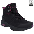 A black hiking boot with purple accents stands upright showcasing its sturdy design and textured surface equipped for outdoor activities in a non-specific environment.