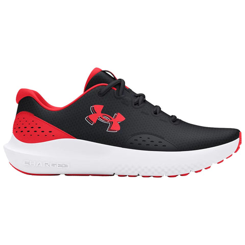 A black and red athletic shoe is displayed with a sleek design featuring a cushioned sole and breathable mesh upper showcasing the Under Armour logo on the side