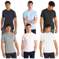 Six male models wear various colored t-shirts from a brand. They display different poses against a plain white background, showcasing clothing styles and colors without any additional context.