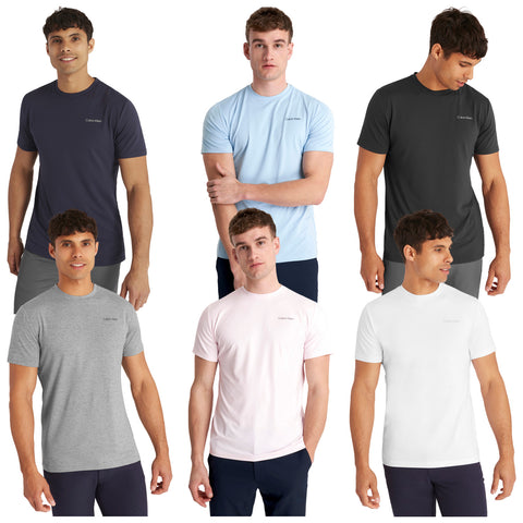 Six male models wear various colored t-shirts from a brand. They display different poses against a plain white background, showcasing clothing styles and colors without any additional context.