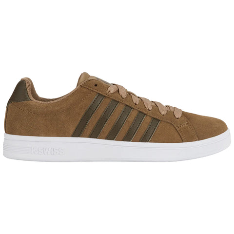 Brown suede sneaker with three dark green stripes is positioned sideways showcasing its white sole and beige laces in a neutral setting likely intended for casual wear.